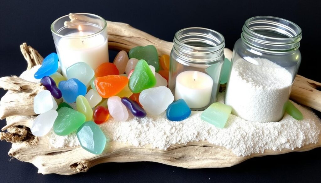 Image of various materials needed for beach-inspired candle holders, including sea glass, driftwood, glass jars, and decorative sand. Image of various materials needed for beach-inspired candle holders, including sea glass, driftwood, glass jars, and decorative sand.
