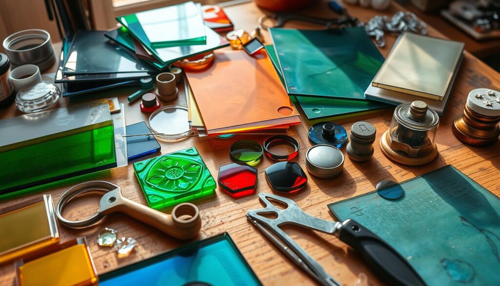 Image of various stained glass supplies and tools