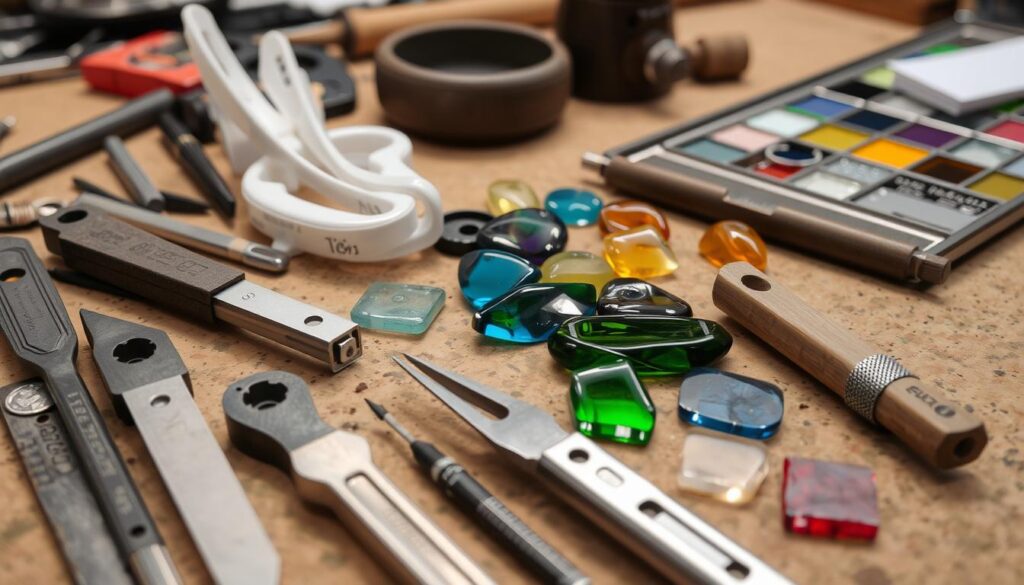 Image of various stained glass tools and materials Image of various stained glass tools and materials