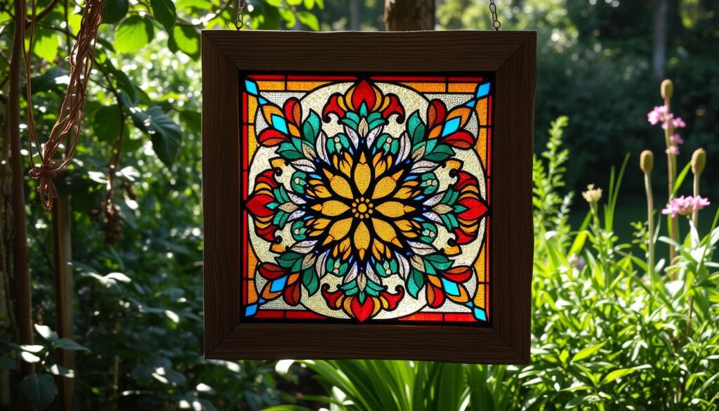 a beautifully crafted stained glass panel, set within a rustic wooden frame, casting a warm, ethereal glow in a lush garden setting. The panel features a captivating symmetrical design of intricate floral and geometric patterns, with a harmonious blend of vibrant jewel-toned hues that dance in the natural light. The frame, weathered and textured, provides a sturdy and visually striking contrast, complementing the delicate, luminous qualities of the stained glass. Soft shadows and gentle highlights accentuate the depth and dimensionality of the artwork, creating an inviting and serene atmosphere perfect for an outdoor garden oasis. a beautifully crafted stained glass panel, set within a rustic wooden frame, casting a warm, ethereal glow in a lush garden setting. The panel features a captivating symmetrical design of intricate floral and geometric patterns, with a harmonious blend of vibrant jewel-toned hues that dance in the natural light. The frame, weathered and textured, provides a sturdy and visually striking contrast, complementing the delicate, luminous qualities of the stained glass. Soft shadows and gentle highlights accentuate the depth and dimensionality of the artwork, creating an inviting and serene atmosphere perfect for an outdoor garden oasis.