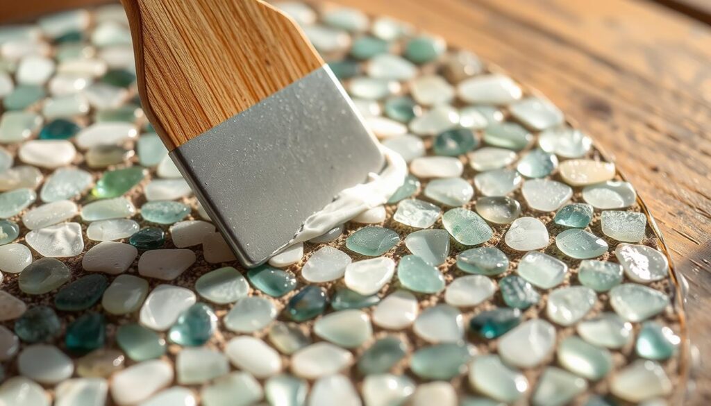 a detailed close-up view of a sea glass mosaic grouting process, showing the application of grout between the glass pieces using a grout float, with the grout slowly filling the gaps and creating a smooth, uniform surface; the mosaic is set against a soft, out-of-focus background with hints of a wooden tabletop or tray, warm lighting from the side casting gentle shadows, capturing the delicate texture and translucent nature of the sea glass pieces and the process of bringing the mosaic together with the grout a detailed close-up view of a sea glass mosaic grouting process, showing the application of grout between the glass pieces using a grout float, with the grout slowly filling the gaps and creating a smooth, uniform surface; the mosaic is set against a soft, out-of-focus background with hints of a wooden tabletop or tray, warm lighting from the side casting gentle shadows, capturing the delicate texture and translucent nature of the sea glass pieces and the process of bringing the mosaic together with the grout