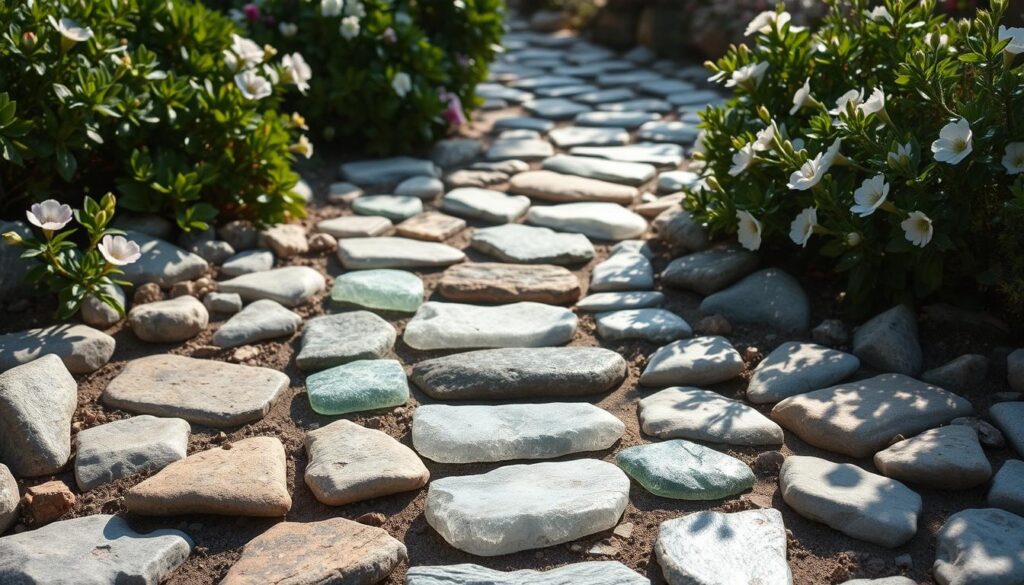 a serene scene of sea glass stepping stones leading through a tranquil coastal garden, with each stone uniquely shaped and colored by the ocean's caress, arranged in a meandering path through lush foliage and blooming flowers, bathed in soft, natural lighting that casts gentle shadows, creating a sense of timeless beauty and harmony between the natural and the man-made, inviting the viewer to step into this peaceful haven and experience the calming, restorative power of nature