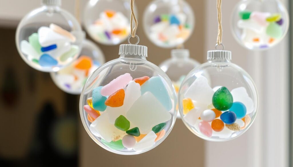 clear plastic ornament balls filled with sea glass and hung from a mobile