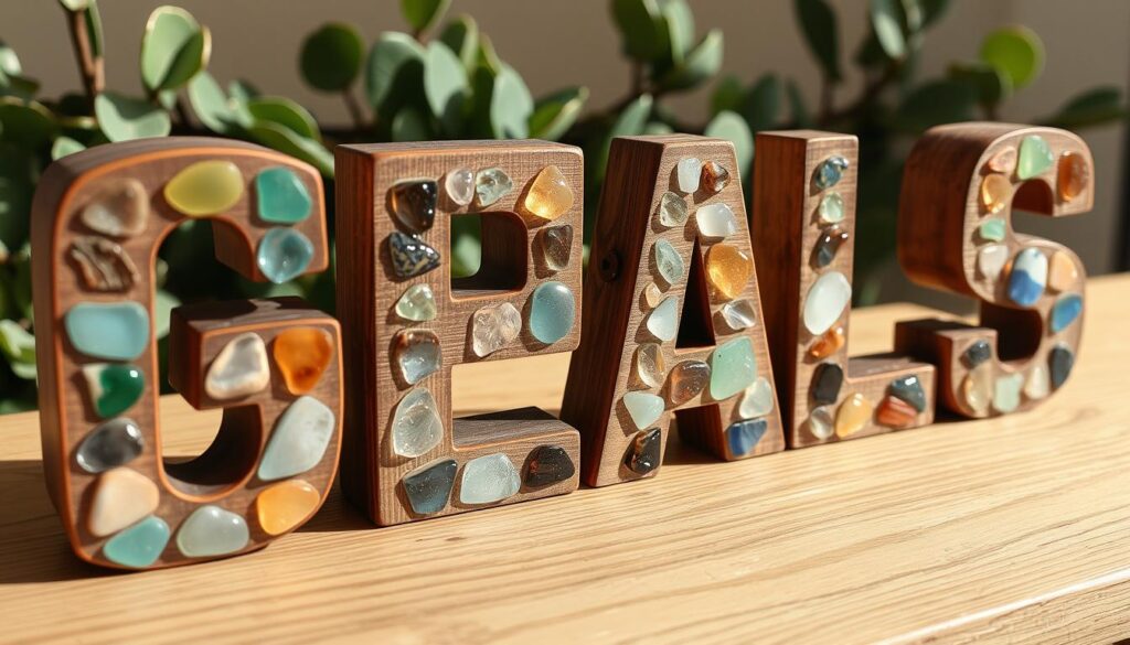 wooden letters decorated with sea glass pieces