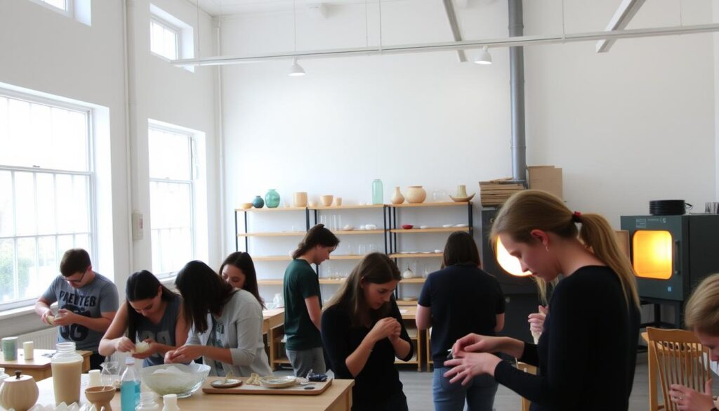 A bright, airy studio space with large windows filtering in natural light. In the foreground, a group of students intently focused on molding delicate glass forms, their hands skillfully manipulating the pliable material. Shelves in the middle ground display an array of finished pâte de verre pieces, showcasing the diverse techniques and styles. In the background, a kiln radiates a warm, amber glow, hinting at the transformative power of heat essential to this art form. The room exudes a sense of creative energy and collaborative learning, capturing the essence of a glass casting class at The Crucible. A bright, airy studio space with large windows filtering in natural light. In the foreground, a group of students intently focused on molding delicate glass forms, their hands skillfully manipulating the pliable material. Shelves in the middle ground display an array of finished pâte de verre pieces, showcasing the diverse techniques and styles. In the background, a kiln radiates a warm, amber glow, hinting at the transformative power of heat essential to this art form. The room exudes a sense of creative energy and collaborative learning, capturing the essence of a glass casting class at The Crucible.