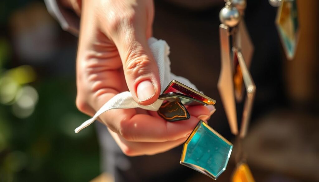 A close-up shot of a delicate hand gently wrapping pieces of stained glass in soft cloth, preparing them for a wind chime. The glass fragments catch the warm, natural lighting, their edges glimmering with a subtle iridescence. The background is blurred, allowing the viewer to focus on the intricate task at hand. The scene conveys a sense of care, attention to detail, and the artful process of crafting a unique wind chime. The camera angle is slightly elevated, providing an intimate perspective on the artisan's skilled movements.