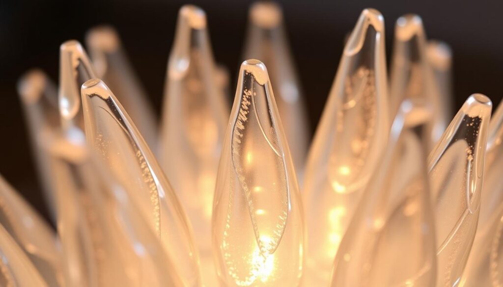 A close-up shot of several DIY mercury glass tips, showcasing their unique and textured appearance. The tips are arranged in a visually appealing, organic layout, with soft, warm lighting illuminating their shimmering, metallic surfaces. The background is slightly blurred, allowing the intricate details of the glass to take center stage. The overall mood is one of craftsmanship, attention to detail, and the satisfying process of creating something visually striking through a simple, hands-on technique.