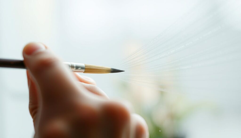 A close-up view of an artist's hand skillfully wielding a clean, well-maintained brush, creating smooth, unwavering strokes on a glass surface. The brush's bristles glide effortlessly, leaving behind crisp, defined lines that gradually build up a captivating pattern. The glass canvas reflects the surrounding light, creating a sense of luminosity and depth. The scene is captured in a soft, diffused lighting setup, emphasizing the delicacy and precision of the brushwork. The overall atmosphere exudes a serene, focused mood, showcasing the mastery of this particular glass painting technique. A close-up view of an artist's hand skillfully wielding a clean, well-maintained brush, creating smooth, unwavering strokes on a glass surface. The brush's bristles glide effortlessly, leaving behind crisp, defined lines that gradually build up a captivating pattern. The glass canvas reflects the surrounding light, creating a sense of luminosity and depth. The scene is captured in a soft, diffused lighting setup, emphasizing the delicacy and precision of the brushwork. The overall atmosphere exudes a serene, focused mood, showcasing the mastery of this particular glass painting technique.