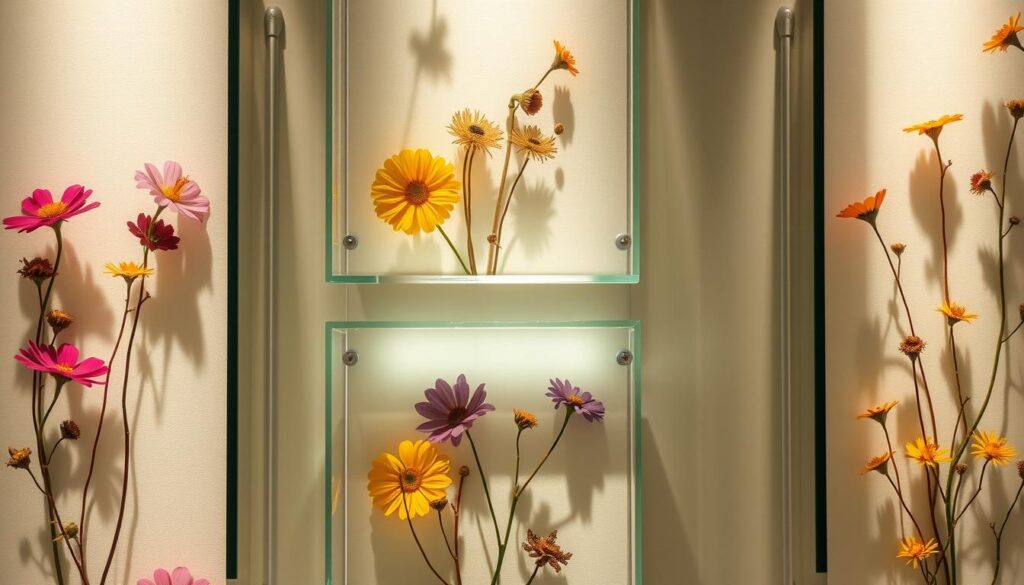 A close-up view of delicately pressed flowers encased in glass panels, creating a serene and minimalist display. The flowers, in a variety of vibrant hues, are carefully arranged within the rectangular glass frames, their intricate details and natural textures visible through the transparent medium. The panels are illuminated by soft, directional lighting that casts gentle shadows, emphasizing the depth and dimensionality of the floral compositions. The overall scene exudes a sense of tranquility and natural beauty, perfectly suited for use as decorative elements in a contemporary living space. A close-up view of delicately pressed flowers encased in glass panels, creating a serene and minimalist display. The flowers, in a variety of vibrant hues, are carefully arranged within the rectangular glass frames, their intricate details and natural textures visible through the transparent medium. The panels are illuminated by soft, directional lighting that casts gentle shadows, emphasizing the depth and dimensionality of the floral compositions. The overall scene exudes a sense of tranquility and natural beauty, perfectly suited for use as decorative elements in a contemporary living space.