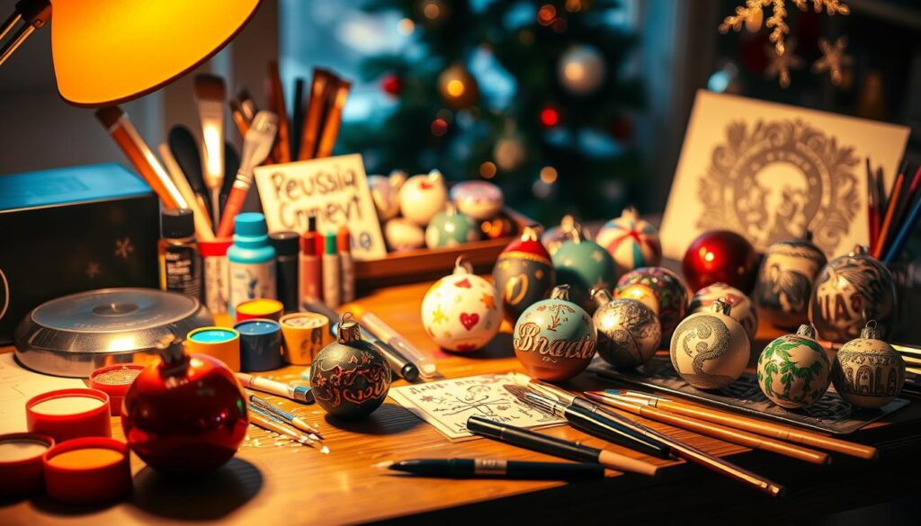 A cozy workbench with an array of painting supplies, brushes, and ornaments in various stages of customization. Warm, directional lighting from a desk lamp casts subtle shadows, creating a focused, concentrated atmosphere. In the foreground, a half-finished ornament sits among vibrant paints, glitters, and a selection of intricate stencils. The middle ground features a diverse collection of uniquely decorated ornaments, each showcasing a different technique - from delicate hand-painted designs to bold, abstract patterns. The background gradually fades into a softly blurred, festive setting, hinting at the creative possibilities waiting to be explored.