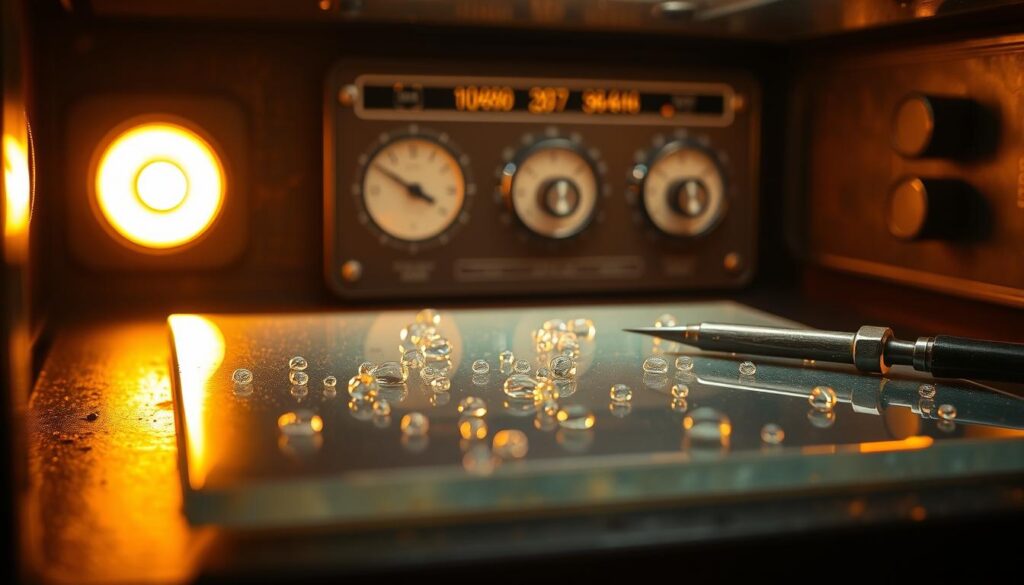 A cross-section of a glass fusing kiln, illuminated by warm, glowing heating elements. In the foreground, a sheet of glass undergoing the fusing process, with delicate air bubbles forming on the surface. The middle ground showcases various tools and materials used for managing bubble formation, such as a metal poker and a small brush. The background depicts the intricate control panel of the kiln, with dials and readouts monitoring temperature and time. The scene conveys a sense of technical precision and the careful attention required to prevent and mitigate bubble defects in fused glass art.