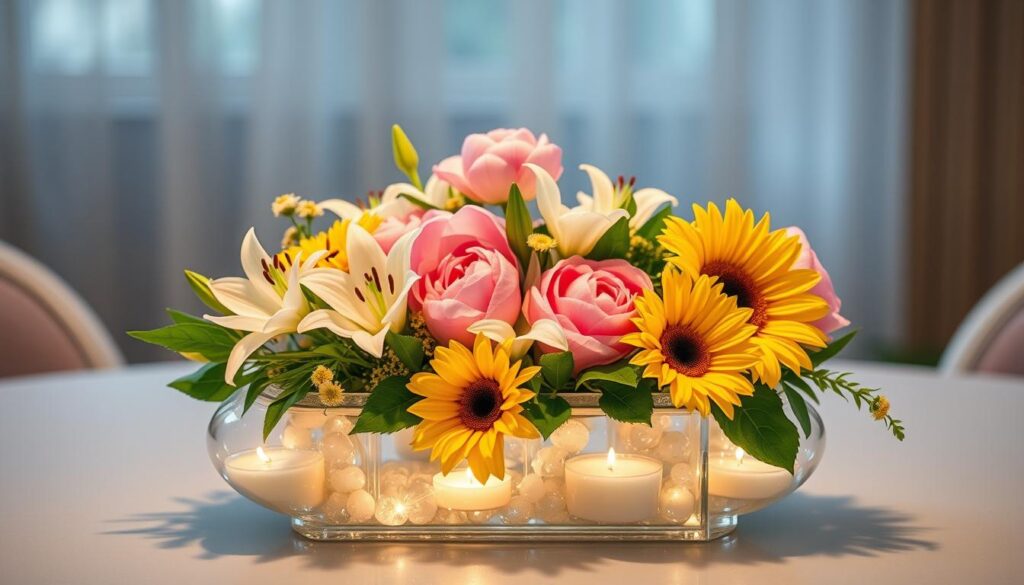 A delicate arrangement of vibrant flowers artfully displayed in a minimalist glass pebble candle holder. The centerpiece features an array of lush blooms, including delicate white lilies, soft pink peonies, and vibrant yellow sunflowers, arranged in a harmonious composition. The transparent glass pebbles create a mesmerizing backdrop, casting a warm, ambient glow and reflecting the natural beauty of the florals. Soft, diffused lighting from above illuminates the scene, accentuating the elegant simplicity and creating a serene, inviting atmosphere perfect for a dining table or living room.