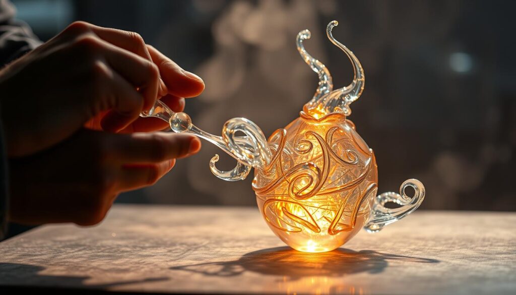A delicate glass sculpture of intricate design fills the frame, capturing the essence of advanced glass art techniques. In the foreground, a skilled artisan's hands carefully manipulate molten glass, shaping it into intricate forms. The middle ground showcases the finished piece, its intricate patterns and textures catching the light, creating a mesmerizing display. The background is hazy, allowing the focus to remain on the captivating glass art. Soft, warm lighting illuminates the scene, emphasizing the depth and dimensionality of the work. The overall atmosphere is one of quiet contemplation, inviting the viewer to appreciate the mastery and artistry behind the creation.