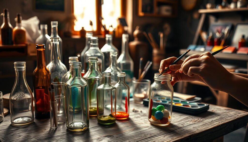 A dimly lit studio workspace, with a collection of glass bottles, vases, and jars arranged on a weathered wooden table. In the foreground, several glass painting attempts are displayed, showcasing common mistakes - uneven brushstrokes, dripping paint, and missed spots. In the middle ground, a skilled artist's hands meticulously apply paint, demonstrating techniques to fix these issues - carefully blending colors, using a delicate touch to smooth out imperfections, and precisely filling in gaps. The background features a softly focused array of painting tools, brushes, and color palettes, creating a sense of the artistic process. Warm, natural lighting from a nearby window casts a gentle glow, highlighting the textures and translucency of the glass surfaces. A dimly lit studio workspace, with a collection of glass bottles, vases, and jars arranged on a weathered wooden table. In the foreground, several glass painting attempts are displayed, showcasing common mistakes - uneven brushstrokes, dripping paint, and missed spots. In the middle ground, a skilled artist's hands meticulously apply paint, demonstrating techniques to fix these issues - carefully blending colors, using a delicate touch to smooth out imperfections, and precisely filling in gaps. The background features a softly focused array of painting tools, brushes, and color palettes, creating a sense of the artistic process. Warm, natural lighting from a nearby window casts a gentle glow, highlighting the textures and translucency of the glass surfaces.