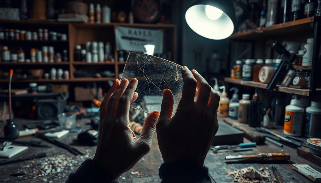 A dimly lit workshop with tools and materials scattered across a workbench. A pair of hands carefully examining a piece of painted glass, inspecting for cracks, discoloration, or imperfections. The glass reflects the warm glow of a desk lamp, casting subtle shadows and highlights. In the background, shelves filled with various paints, solvents, and other supplies used for glass restoration and refinishing. The atmosphere is one of focused attention and problem-solving, hinting at the expertise and care required to troubleshoot and address issues with painted glass.