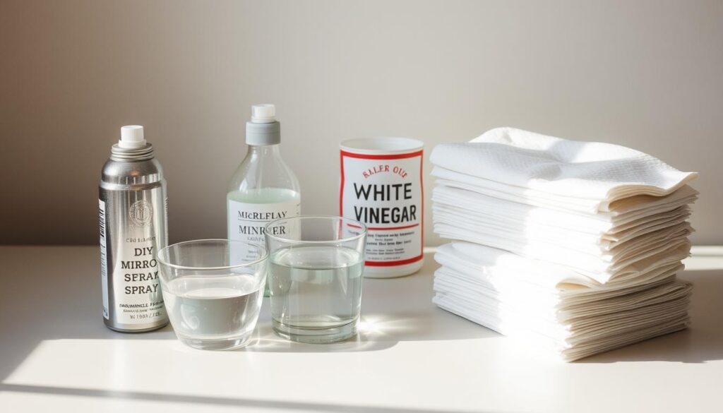 A flat surface with an arrangement of various DIY mercury glass materials, including a bottle of mirror spray, a bowl of white vinegar, and a stack of paper towels. The items are lit from the side, casting soft shadows and creating a warm, inviting atmosphere. The composition is balanced, with the materials placed in the foreground and middle ground, allowing for a clean, uncluttered background. The lighting is natural and diffused, highlighting the textures and reflective qualities of the materials. The overall mood is one of simplicity and practicality, inviting the viewer to imagine the process of creating their own faux mercury glass pieces.