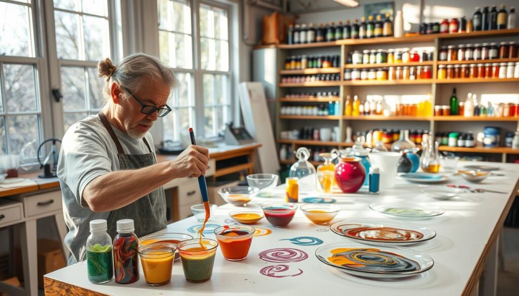 A glass studio with natural lighting streaming through large windows. In the foreground, a glass artist meticulously mixes various colored glass paints on a clean, well-lit workbench. The paints are blended and swirled together, creating intricate patterns and hues. In the middle ground, an array of glass vessels, plates, and other surfaces wait to be painted. The background features shelves lined with organized jars and bottles of specialized glass paints, mediums, and tools. The scene conveys a sense of focused craftsmanship and the precise techniques involved in preparing vibrant, long-lasting glass paint mixtures.
