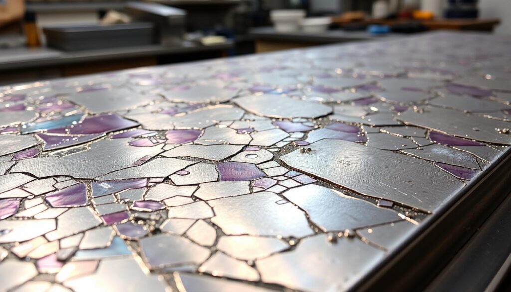A highly detailed, glass-paneled metal surface in an enameling studio. Soft, diffused lighting illuminates the intricate, textured patterns of the enameled metal, creating a mesmerizing interplay of transparency, opacity, and metallic sheen. The foreground showcases the lustrous, multicolored enamel finishes, with subtle variations in hue and depth. The middle ground reveals the underlying metal structure, its sleek, polished edges contrasting with the delicate enamel work. In the background, a glimpse of the studio environment, with tools and equipment suggesting the creative process behind this artform. The overall composition conveys a sense of artistry, craftsmanship, and the tactile, sensorial experience of glass enameling on metal.