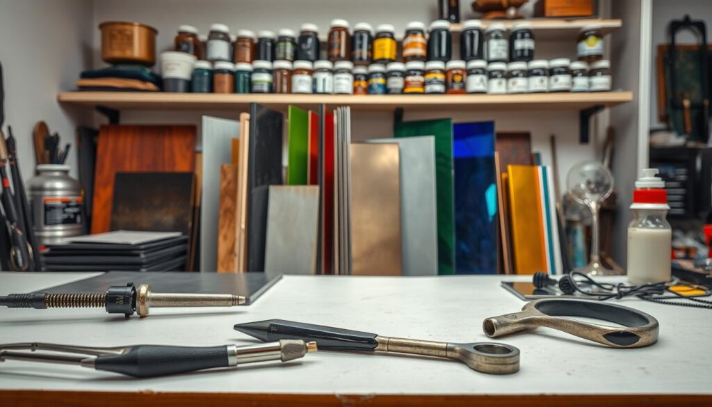 A neatly arranged collection of essential tools and materials for blending metal and glass in a well-lit studio setting. In the foreground, a soldering iron, pliers, and a glass cutter sit atop a clean workbench. In the middle ground, various metal sheets, rods, and sheets of stained glass in vibrant colors stand upright, hinting at the creative possibilities. The background features shelves stocked with jars of flux, solder, and other specialized supplies, conveying a sense of professional craftsmanship. Soft, diffused lighting casts a warm, inviting glow across the scene, emphasizing the textures and tones of the materials. A neatly arranged collection of essential tools and materials for blending metal and glass in a well-lit studio setting. In the foreground, a soldering iron, pliers, and a glass cutter sit atop a clean workbench. In the middle ground, various metal sheets, rods, and sheets of stained glass in vibrant colors stand upright, hinting at the creative possibilities. The background features shelves stocked with jars of flux, solder, and other specialized supplies, conveying a sense of professional craftsmanship. Soft, diffused lighting casts a warm, inviting glow across the scene, emphasizing the textures and tones of the materials.