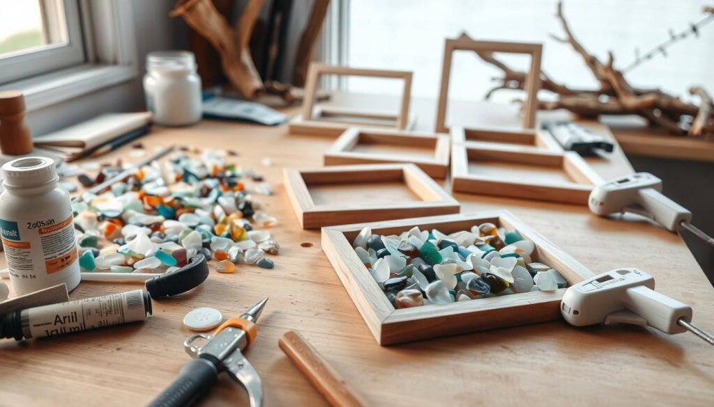 A neatly arranged collection of sea glass pieces in various colors and shapes, delicately placed on a wooden workbench. Soft natural lighting filters through a nearby window, casting a warm glow on the glass and illuminating its translucent qualities. In the foreground, a selection of tools and materials, including adhesive, sandpaper, and a glue gun, hint at the process of crafting a customized sea glass picture frame. The middle ground features several partially assembled frames, showcasing the creative potential of incorporating the organic, coastal-inspired elements into a personalized home decor piece. The background subtly suggests a serene, beachy atmosphere, with hints of driftwood, shells, or other natural accents that complement the sea glass theme.