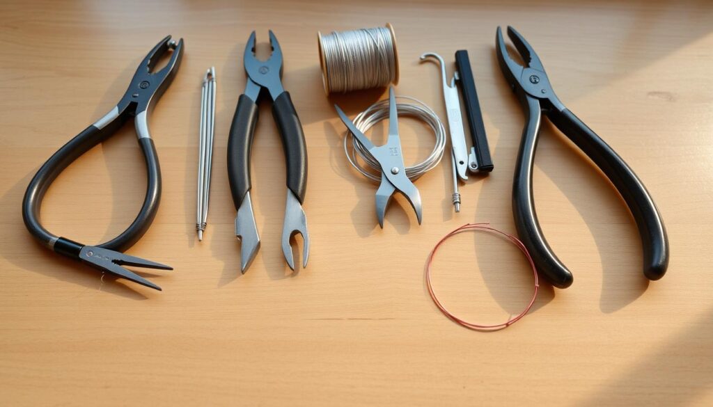 A neatly arranged collection of wire wrapping tools and materials, including various gauges of wire, pliers, round-nose and flat-nose, wire cutters, and a spool of wire. The tools are positioned on a clean, wooden surface, casting soft shadows and bathed in warm, diffused lighting that highlights their metallic textures. The overall composition conveys a sense of precision, focus, and the intricate craft of wire wrapping, setting the stage for the creation of beautiful hanging glass ornaments. A neatly arranged collection of wire wrapping tools and materials, including various gauges of wire, pliers, round-nose and flat-nose, wire cutters, and a spool of wire. The tools are positioned on a clean, wooden surface, casting soft shadows and bathed in warm, diffused lighting that highlights their metallic textures. The overall composition conveys a sense of precision, focus, and the intricate craft of wire wrapping, setting the stage for the creation of beautiful hanging glass ornaments.