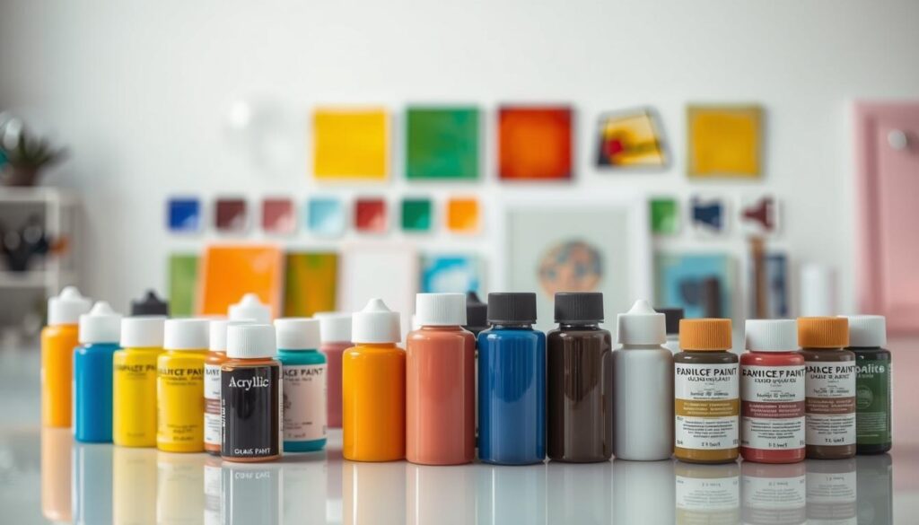 A neatly arranged display of various glass paint types, showcased in a well-lit studio setting. In the foreground, an assortment of glass paint bottles in diverse colors and finishes, such as acrylic, enamel, and stained glass paints, are meticulously placed on a clean, reflective surface. The middle ground features a selection of painted glass samples, demonstrating the versatility and effects of the different paint types. The background is softly blurred, creating a focus on the subject matter and highlighting the technical aspects of glass painting. The overall scene conveys a sense of professionalism and attention to detail, suitable for an educational article on the fundamentals of glass painting. A neatly arranged display of various glass paint types, showcased in a well-lit studio setting. In the foreground, an assortment of glass paint bottles in diverse colors and finishes, such as acrylic, enamel, and stained glass paints, are meticulously placed on a clean, reflective surface. The middle ground features a selection of painted glass samples, demonstrating the versatility and effects of the different paint types. The background is softly blurred, creating a focus on the subject matter and highlighting the technical aspects of glass painting. The overall scene conveys a sense of professionalism and attention to detail, suitable for an educational article on the fundamentals of glass painting.