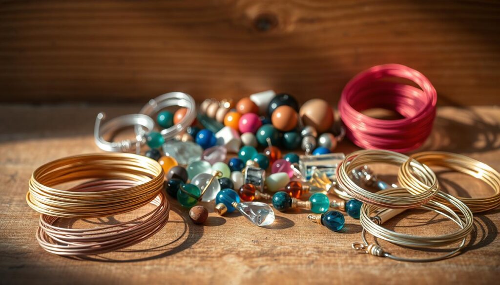 A neatly arranged still life scene of wire wrapping materials. In the foreground, a variety of colorful wire coils in different gauges and metals, including copper, silver, and gold-toned wires. In the middle ground, an array of beads, gemstones, and pendants in diverse shapes and colors, carefully positioned. The background features a wooden surface with a subtle grain texture, bathed in warm, natural lighting that casts gentle shadows, creating a cozy, inviting atmosphere. The overall composition emphasizes the versatility and artistry of wire wrapping, showcasing the essential tools and materials needed to create beautiful hanging glass ornaments. A neatly arranged still life scene of wire wrapping materials. In the foreground, a variety of colorful wire coils in different gauges and metals, including copper, silver, and gold-toned wires. In the middle ground, an array of beads, gemstones, and pendants in diverse shapes and colors, carefully positioned. The background features a wooden surface with a subtle grain texture, bathed in warm, natural lighting that casts gentle shadows, creating a cozy, inviting atmosphere. The overall composition emphasizes the versatility and artistry of wire wrapping, showcasing the essential tools and materials needed to create beautiful hanging glass ornaments.