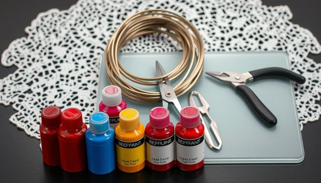 A neatly arranged still life showcasing the essential tools and materials for crafting faux stained glass. In the foreground, an array of vibrant glass paints in various hues, ranging from deep reds to vibrant blues and greens. Behind them, an intricate lead caming in a coiled arrangement, its metallic sheen catching the soft, diffused lighting. In the middle ground, a set of sharp glass cutters and a smooth glass cutting board, ready to shape the transparent panels. In the background, a delicate lace doily provides a subtle, textured backdrop, hinting at the delicate, intricate nature of the stained glass-making process. The overall composition conveys a sense of artistry, precision, and the creative potential of this unique craft. A neatly arranged still life showcasing the essential tools and materials for crafting faux stained glass. In the foreground, an array of vibrant glass paints in various hues, ranging from deep reds to vibrant blues and greens. Behind them, an intricate lead caming in a coiled arrangement, its metallic sheen catching the soft, diffused lighting. In the middle ground, a set of sharp glass cutters and a smooth glass cutting board, ready to shape the transparent panels. In the background, a delicate lace doily provides a subtle, textured backdrop, hinting at the delicate, intricate nature of the stained glass-making process. The overall composition conveys a sense of artistry, precision, and the creative potential of this unique craft.