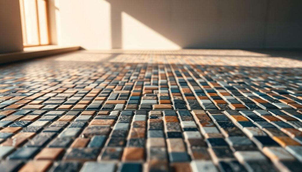 A neatly arranged tile mosaic, showcasing a diverse array of colors and patterns. The foreground features a close-up view of the intricate tile work, highlighting the varied textures and hues that create a visually captivating design. The middle ground presents a broader perspective, revealing the overall layout and composition of the mosaic, with each tile seamlessly fitting together to form a cohesive and harmonious whole. In the background, a softly blurred, minimalist setting provides a clean and uncluttered backdrop, allowing the mosaic to take center stage. The lighting is warm and natural, casting gentle shadows that accentuate the depth and dimensionality of the tiles. The overall atmosphere conveys a sense of elegance, craftsmanship, and the potential pros and cons of using a tile mosaic in a design or architectural application.
