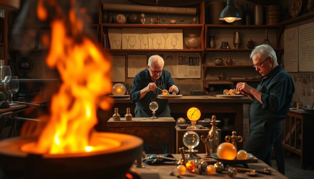 A serene glass-blowing workshop from the past, with a roaring furnace in the foreground casting a warm glow. In the middle ground, skilled artisans delicately manipulate molten glass with metal tools, shaping intricate beads and miniature sculptures. The background reveals a history of lampworking, with shelves displaying antique glass pieces and sketches of bygone techniques. Soft, diffused lighting illuminates the scene, capturing the focus and craftsmanship of the lampworkers. A sense of tradition and timeless artistry pervades the image, showcasing the evolution of this captivating glassmaking practice.