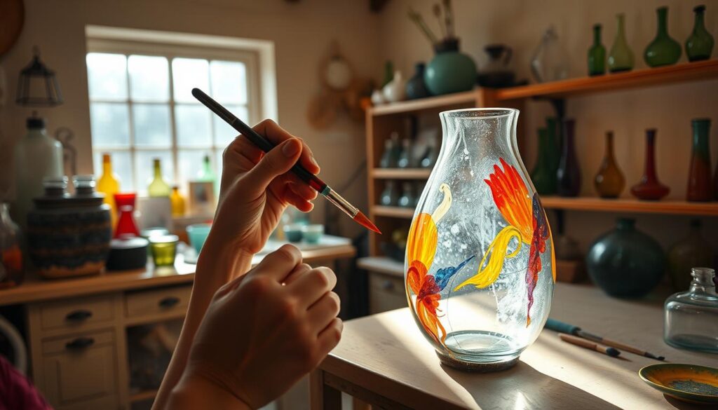 A serene glass studio bathed in warm, diffused lighting. In the foreground, an artist's hands carefully applying vibrant brushstrokes to the curved surface of a glass vase, capturing the play of light and color. The middle ground showcases an array of intricate glass painting techniques - sgraffito, enameling, stenciling, and more. In the background, shelves display an assortment of finished glass pieces, each a unique work of art. The overall atmosphere is one of focused creativity and the beauty of the medium, inviting the viewer to appreciate the skill and artistry of glass painting. A serene glass studio bathed in warm, diffused lighting. In the foreground, an artist's hands carefully applying vibrant brushstrokes to the curved surface of a glass vase, capturing the play of light and color. The middle ground showcases an array of intricate glass painting techniques - sgraffito, enameling, stenciling, and more. In the background, shelves display an assortment of finished glass pieces, each a unique work of art. The overall atmosphere is one of focused creativity and the beauty of the medium, inviting the viewer to appreciate the skill and artistry of glass painting.