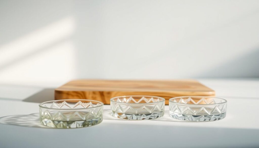 A serene, well-lit studio scene showcasing a set of delicate, handcrafted glass coasters. The coasters are arranged in the foreground, each one showcasing a unique pattern or design, their glossy surfaces reflecting the soft, diffused lighting. In the middle ground, a wooden surface or table provides a natural, rustic backdrop, complementing the coasters' elegant aesthetic. The background features a minimalist, slightly blurred setting, allowing the coasters to take center stage. The overall composition conveys a sense of artisanal craftsmanship, attention to detail, and a sophisticated, yet welcoming atmosphere.