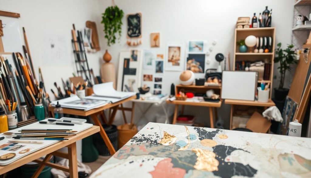 A serene, well-lit studio space filled with an assortment of mixed media art supplies: brushes, palette knives, acrylic paints, collage elements, and metallic accents. In the foreground, a partially completed canvas showcases a harmonious blend of textures and hues, hinting at the creative potential of combining diverse materials. The middle ground features a neatly organized workspace with sketchbooks, reference images, and inspirational objects, suggesting a mindful and intentional approach to the artistic process. The background gently fades into a soft, neutral-toned environment, allowing the focal point of the image to shine. The overall atmosphere conveys a sense of focus, experimentation, and the joy of artistic exploration. A serene, well-lit studio space filled with an assortment of mixed media art supplies: brushes, palette knives, acrylic paints, collage elements, and metallic accents. In the foreground, a partially completed canvas showcases a harmonious blend of textures and hues, hinting at the creative potential of combining diverse materials. The middle ground features a neatly organized workspace with sketchbooks, reference images, and inspirational objects, suggesting a mindful and intentional approach to the artistic process. The background gently fades into a soft, neutral-toned environment, allowing the focal point of the image to shine. The overall atmosphere conveys a sense of focus, experimentation, and the joy of artistic exploration.