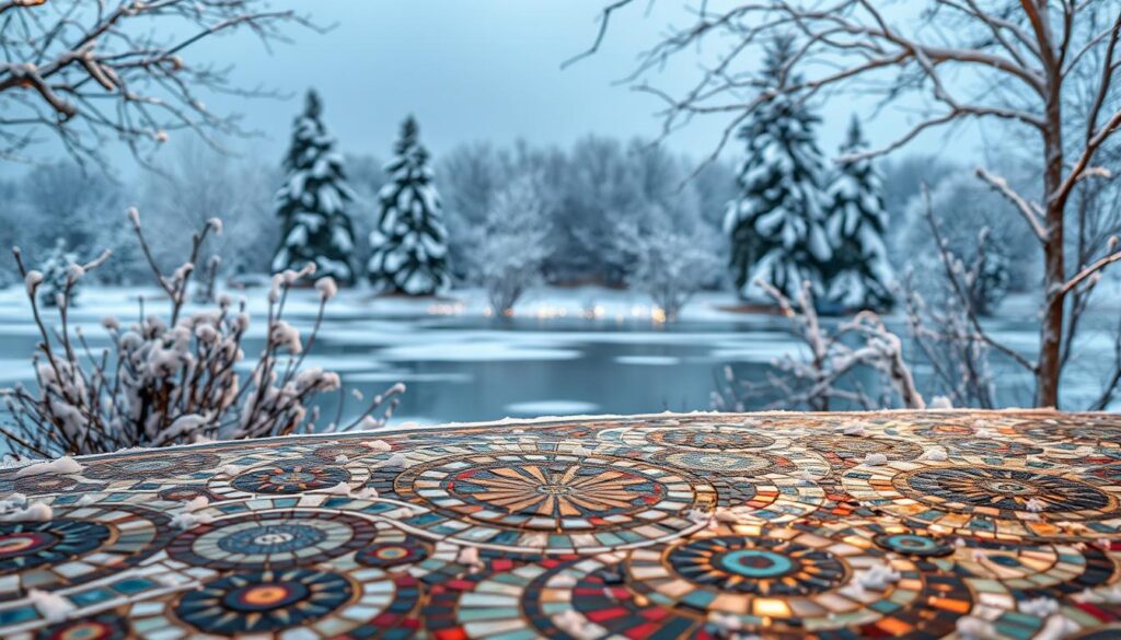 A serene winter scene with a mosaic art display in the foreground. The mosaic features intricate patterns and vibrant colors, capturing the essence of the cold season. In the middle ground, snow-covered trees and a glistening frozen pond set the tranquil backdrop. Soft, diffused lighting illuminates the composition, creating a cozy and inviting atmosphere. The overall impression evokes a sense of wonder and a desire to embrace the beauty of the winter season through creative mosaic projects. A serene winter scene with a mosaic art display in the foreground. The mosaic features intricate patterns and vibrant colors, capturing the essence of the cold season. In the middle ground, snow-covered trees and a glistening frozen pond set the tranquil backdrop. Soft, diffused lighting illuminates the composition, creating a cozy and inviting atmosphere. The overall impression evokes a sense of wonder and a desire to embrace the beauty of the winter season through creative mosaic projects.