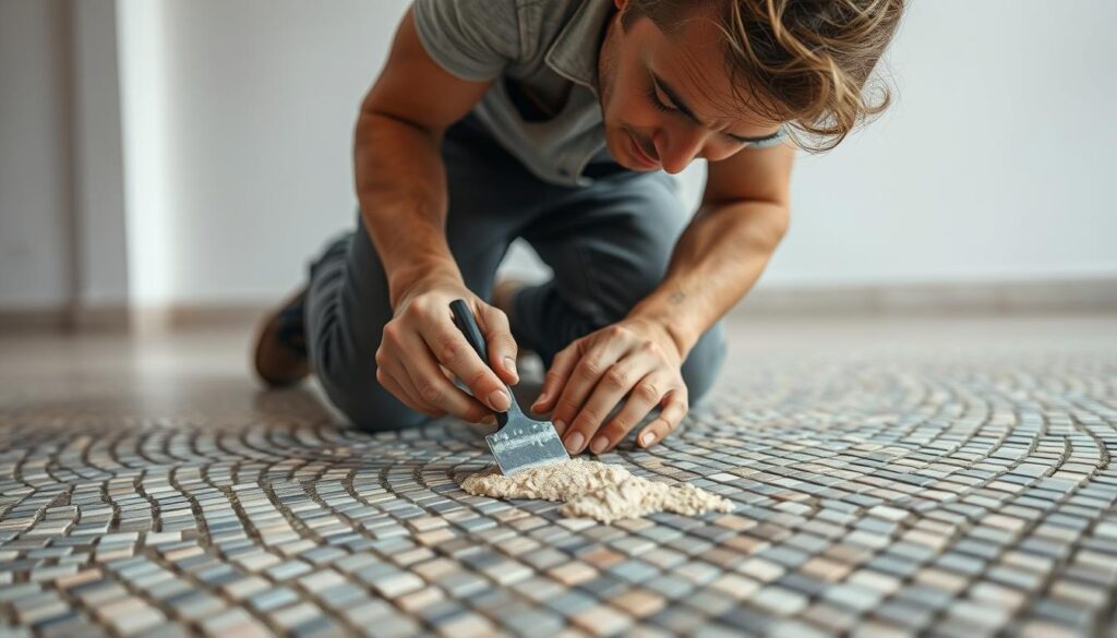 A skilled craftsperson kneeling before a glass mosaic, meticulously applying grout with a specialized tool. The room is well-lit, with soft, directional lighting casting subtle shadows that accentuate the texture of the tiles. The grout is a neutral, muted color, blending seamlessly with the intricate pattern of the mosaic. The focus is on the hands, carefully smoothing the grout into the crevices, ensuring a flawless, professional finish. The atmosphere is one of concentration and attention to detail, with the worker's face slightly furrowed in focus. The background is clean and uncluttered, allowing the mosaic and the grouting process to be the sole focus of the image.