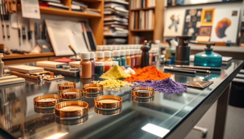 A sleek glass workbench showcases an array of enameling tools and materials. In the foreground, delicate copper pieces shimmer under warm studio lighting, awaiting their transformation. The middle ground features a vibrant selection of powdered enamels in a range of colors, ready to be meticulously applied. In the background, a bookshelf holds reference materials and inspirational glasswork, hinting at the depth of knowledge required for this intricate craft. The scene conveys a sense of focused creativity, where technical precision and artistic expression converge to create stunning glass enameling projects.