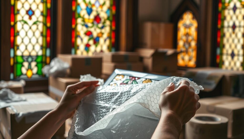 A stained glass window illuminated by warm, diffused lighting, showcasing a step-by-step process of carefully packing and securing a fragile stained glass panel. In the foreground, delicate hands gently wrap the glass in protective layers of bubble wrap and tissue paper. The middle ground features an array of packing materials - corrugated boxes, packing peanuts, and sturdy tape - arranged in an organized manner. In the background, a soft, blurred perspective reveals the intricate patterns and vibrant colors of the stained glass, hinting at the artistic nature of the item being prepared for safe transport. The overall scene conveys a sense of meticulous care and attention to detail, ensuring the stained glass artwork's preservation during its journey.