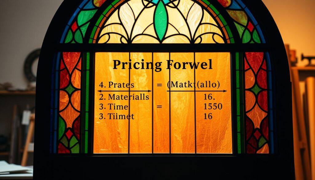 A stained glass window with a detailed pricing formula displayed prominently in the center. The glass panes are composed of rich, jewel-toned hues, casting a warm, ethereal glow. The formula is meticulously rendered, with clear, legible text outlining the key factors for pricing stained glass work: materials, time, and market considerations. The window is set against a backdrop of a softly blurred workshop, with tools and materials visible in the periphery, suggesting the creative process behind the craft. Soft, directional lighting illuminates the scene, creating depth and emphasizing the intricate details of the stained glass. The overall composition conveys a sense of artistry, professionalism, and the importance of strategic pricing for this specialized medium. A stained glass window with a detailed pricing formula displayed prominently in the center. The glass panes are composed of rich, jewel-toned hues, casting a warm, ethereal glow. The formula is meticulously rendered, with clear, legible text outlining the key factors for pricing stained glass work: materials, time, and market considerations. The window is set against a backdrop of a softly blurred workshop, with tools and materials visible in the periphery, suggesting the creative process behind the craft. Soft, directional lighting illuminates the scene, creating depth and emphasizing the intricate details of the stained glass. The overall composition conveys a sense of artistry, professionalism, and the importance of strategic pricing for this specialized medium.