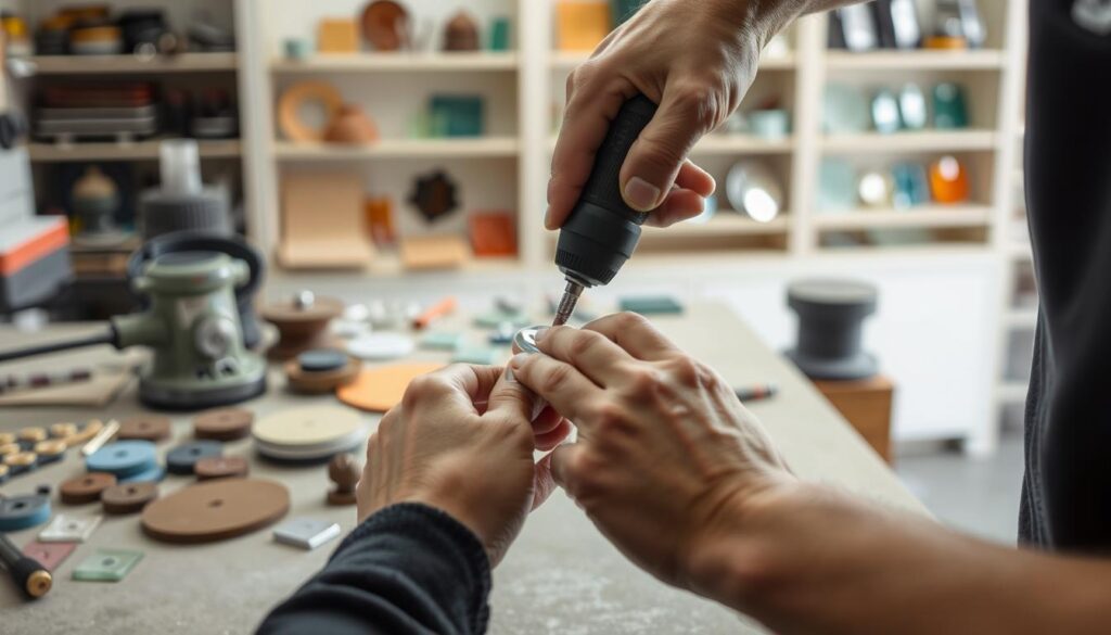 A step-by-step guide to cold working techniques for fused glass. In the foreground, a craftsperson's hands carefully grind and polish a glass piece using a rotary tool, creating a smooth, reflective surface. In the middle ground, various tools like grinders, sandpapers, and polishing pads are neatly arranged. The background depicts a well-lit, organized workshop with shelves of finished glass art pieces. The lighting is soft and natural, highlighting the translucent quality of the glass and the focus on the meticulous process. The overall mood is one of precision, patience, and the pursuit of perfection in the art of cold working fused glass.