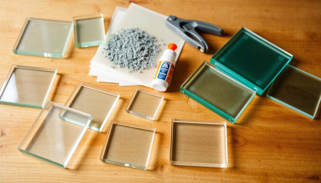 A still life arrangement showcasing the essential materials for creating decorative glass coasters. In the foreground, a variety of clear, tempered glass pieces in various geometric shapes and sizes are neatly arranged, their smooth surfaces reflecting the soft, natural lighting. In the middle ground, several sandpaper sheets of varying grits and a handheld glass cutter sit alongside a small bottle of glass-safe adhesive. The background features a wooden surface, its warm, textured tones providing a complementary backdrop to the transparent, delicate glass elements. The overall composition conveys a sense of simplicity, craftsmanship, and the versatility of repurposing discarded glass into unique, functional home decor.