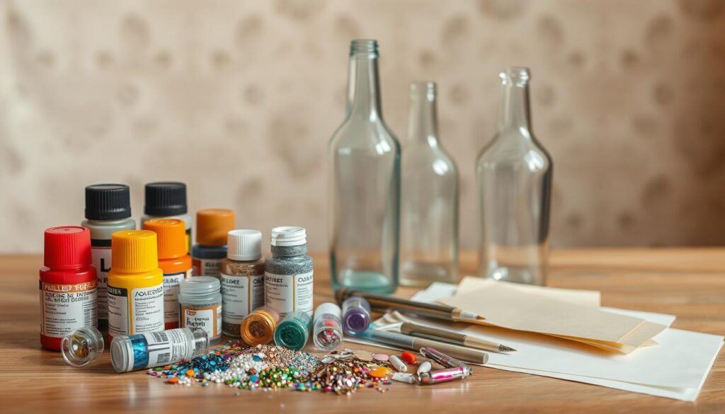 A still life scene of various materials for decorating glass bottles. In the foreground, an assortment of glass paints, glitters, sequins, and decoupage papers are neatly arranged on a wooden table. In the middle ground, several clear glass bottles of different shapes and sizes stand ready to be embellished. The background features a soft, out-of-focus texture, creating a sense of depth and focus on the decorative supplies. The lighting is natural, with warm, diffused tones highlighting the textures and colors of the materials. The overall mood is one of creativity, craftsmanship, and the anticipation of a DIY project. A still life scene of various materials for decorating glass bottles. In the foreground, an assortment of glass paints, glitters, sequins, and decoupage papers are neatly arranged on a wooden table. In the middle ground, several clear glass bottles of different shapes and sizes stand ready to be embellished. The background features a soft, out-of-focus texture, creating a sense of depth and focus on the decorative supplies. The lighting is natural, with warm, diffused tones highlighting the textures and colors of the materials. The overall mood is one of creativity, craftsmanship, and the anticipation of a DIY project.