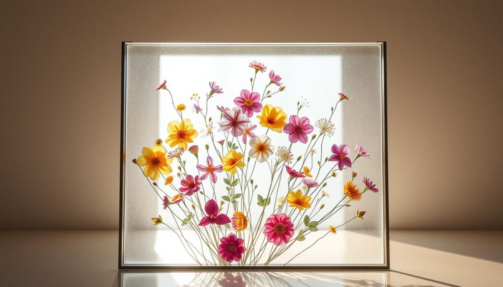A sunlit glass panel displaying delicate pressed flowers, their vibrant hues and intricate patterns artfully preserved. The panel is set against a minimalist, light-filled background, emphasizing the natural beauty of the floral arrangement. Soft, diffused lighting casts gentle shadows, creating a serene and ethereal atmosphere. The glass surface reflects the surroundings, blending the floral display seamlessly with its environment. This captivating fusion of nature and modern decor showcases the elegance and versatility of pressed flower glass panels. A sunlit glass panel displaying delicate pressed flowers, their vibrant hues and intricate patterns artfully preserved. The panel is set against a minimalist, light-filled background, emphasizing the natural beauty of the floral arrangement. Soft, diffused lighting casts gentle shadows, creating a serene and ethereal atmosphere. The glass surface reflects the surroundings, blending the floral display seamlessly with its environment. This captivating fusion of nature and modern decor showcases the elegance and versatility of pressed flower glass panels.