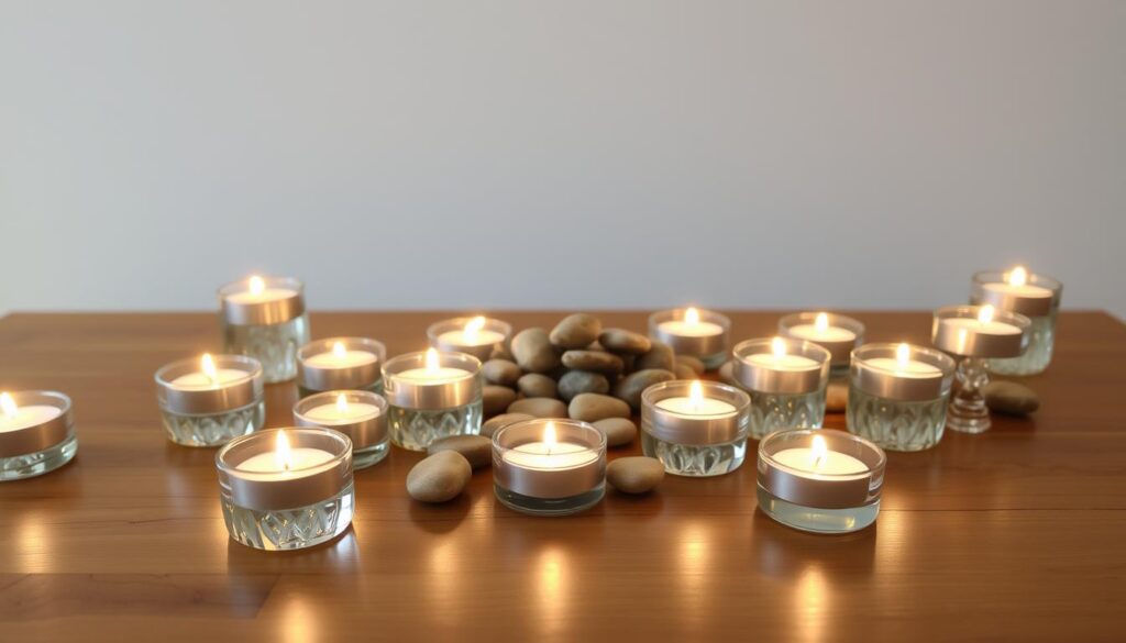 A tranquil scene of a DIY candle arrangement on a wooden table, illuminated by the warm glow of flickering flames. In the foreground, an assortment of clear glass pebble candle holders, each filled with a single tealight candle, creating a mesmerizing display. The middle ground features a scattered arrangement of larger, decorative pebbles, complementing the simplicity of the holders. The background showcases a minimalist, natural-inspired setting, with a neutral-toned wall or surface providing a clean, uncluttered backdrop. The lighting is soft and diffused, accentuating the textures and reflecting off the glass, creating a cozy, inviting atmosphere perfect for an elegant table centerpiece.