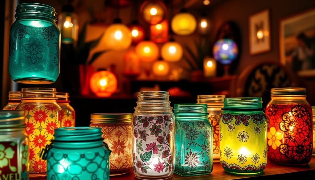 A vibrant collection of handcrafted glass jar lanterns, each a unique work of art. In the foreground, a variety of shapes and sizes glow softly, their surfaces adorned with intricate patterns, textures, and colorful accents. The middle ground features an eclectic arrangement of these lanterns, casting a warm, inviting light that illuminates the surrounding space. In the background, a dimly lit, cozy setting provides the perfect backdrop, hinting at the versatility and charming ambiance these DIY lanterns can bring to any indoor or outdoor environment. Dramatic lighting from multiple angles highlights the translucent quality of the glass and the captivating interplay of light and shadow. A vibrant collection of handcrafted glass jar lanterns, each a unique work of art. In the foreground, a variety of shapes and sizes glow softly, their surfaces adorned with intricate patterns, textures, and colorful accents. The middle ground features an eclectic arrangement of these lanterns, casting a warm, inviting light that illuminates the surrounding space. In the background, a dimly lit, cozy setting provides the perfect backdrop, hinting at the versatility and charming ambiance these DIY lanterns can bring to any indoor or outdoor environment. Dramatic lighting from multiple angles highlights the translucent quality of the glass and the captivating interplay of light and shadow.