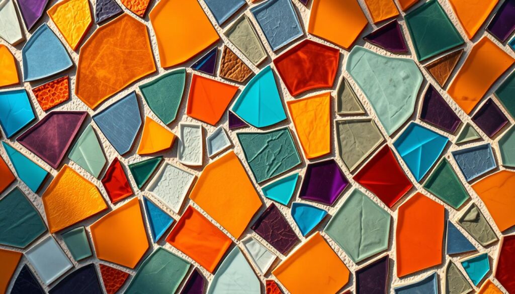 A vibrant mosaic pattern featuring an array of irregular, organic shapes in a harmonious color palette. The foreground showcases a dynamic interplay of jagged, asymmetric fragments in earthy tones of terracotta, ochre, and sienna. The middle ground introduces pops of jewel-toned blues, greens, and purples, creating a mesmerizing visual rhythm. In the background, softer hues and smoother contours provide a balanced counterpoint, lending depth and dimension to the overall composition. Warm, directional lighting casts subtle shadows, accentuating the textural qualities of the mosaic tiles. The resulting image conveys a sense of imperfect beauty, where the embrace of irregularity and flaws gives rise to a captivating, one-of-a-kind design.