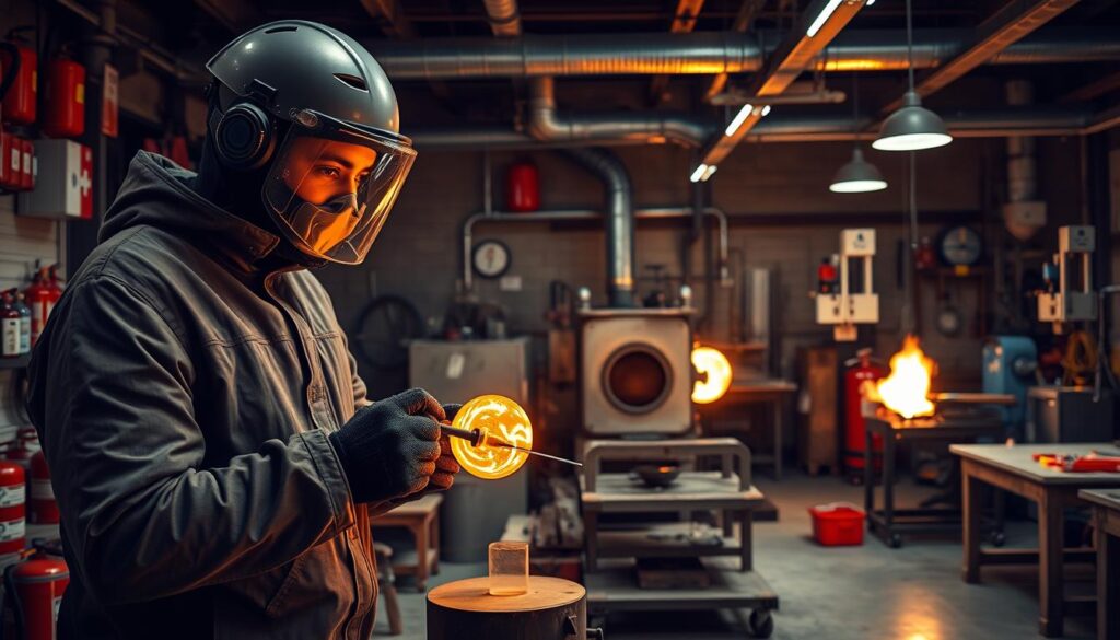 A well-equipped glass blowing studio with a focus on safety. In the foreground, a glass blower dressed in protective gear, including a long-sleeved jacket, thick gloves, and a face shield, carefully manipulating a glowing, molten blob of glass with metal tools. In the middle ground, various safety equipment such as fire extinguishers, first aid kits, and ventilation systems are prominently displayed. The background features the studio's workbenches, furnaces, and other specialized glass blowing tools, all bathed in a warm, amber-hued lighting, conveying the intense, fiery atmosphere of the craft. The overall scene emphasizes the importance of safety and proper precautions in the art of glass blowing. A well-equipped glass blowing studio with a focus on safety. In the foreground, a glass blower dressed in protective gear, including a long-sleeved jacket, thick gloves, and a face shield, carefully manipulating a glowing, molten blob of glass with metal tools. In the middle ground, various safety equipment such as fire extinguishers, first aid kits, and ventilation systems are prominently displayed. The background features the studio's workbenches, furnaces, and other specialized glass blowing tools, all bathed in a warm, amber-hued lighting, conveying the intense, fiery atmosphere of the craft. The overall scene emphasizes the importance of safety and proper precautions in the art of glass blowing.
