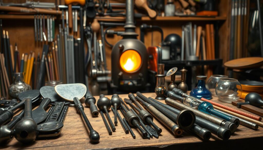 A well-lit and detailed still life composition of an assortment of glassblowing tools neatly arranged on a wooden workbench. In the foreground, a collection of metal blowpipes, paddles, jacks, and various shaping tools. In the middle ground, a glory hole furnace emitting a warm, flickering glow. In the background, a selection of clear and colored glass rods, marvers, and other essential equipment. Soft, directional lighting illuminates the scene, casting subtle shadows and highlights that accentuate the textures and forms of the tools. The overall mood is one of craftsmanship, precision, and the artistry of glassblowing. A well-lit and detailed still life composition of an assortment of glassblowing tools neatly arranged on a wooden workbench. In the foreground, a collection of metal blowpipes, paddles, jacks, and various shaping tools. In the middle ground, a glory hole furnace emitting a warm, flickering glow. In the background, a selection of clear and colored glass rods, marvers, and other essential equipment. Soft, directional lighting illuminates the scene, casting subtle shadows and highlights that accentuate the textures and forms of the tools. The overall mood is one of craftsmanship, precision, and the artistry of glassblowing.