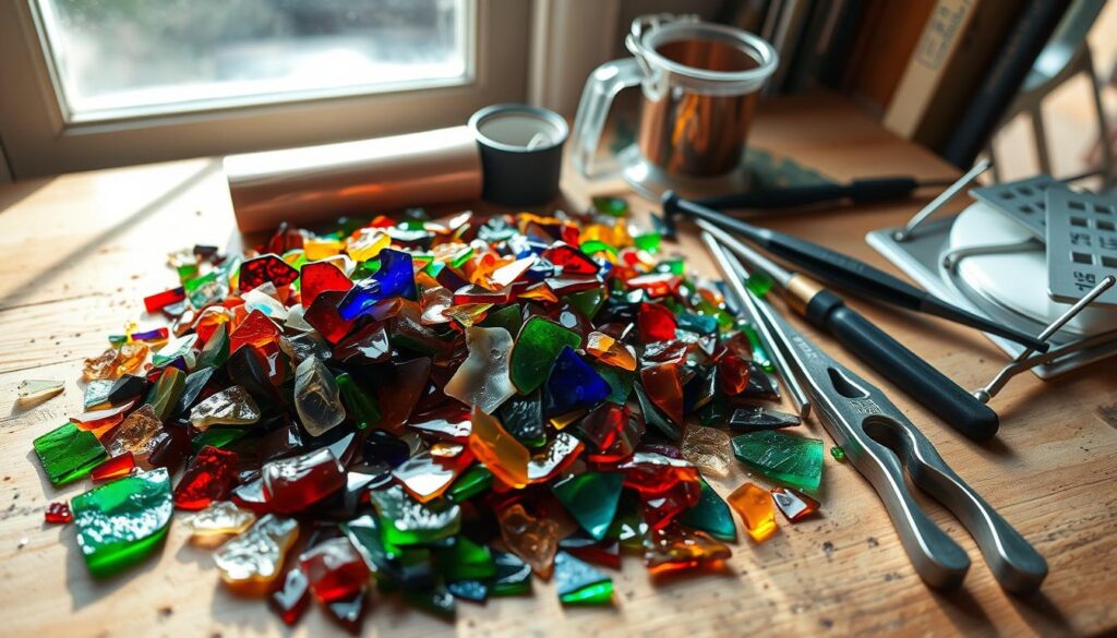 A well-lit arrangement of stained glass supplies, including an assortment of colorful glass shards, cutting tools, soldering irons, copper foil, and a glass cutter. The items are arranged on a wooden workbench, with natural light streaming in from a window, casting a warm glow and highlighting the textural details of the materials. The composition is balanced and visually appealing, conveying a sense of creativity and craftsmanship, perfect for illustrating the "Gathering Your Materials and Tools" section of the article. A well-lit arrangement of stained glass supplies, including an assortment of colorful glass shards, cutting tools, soldering irons, copper foil, and a glass cutter. The items are arranged on a wooden workbench, with natural light streaming in from a window, casting a warm glow and highlighting the textural details of the materials. The composition is balanced and visually appealing, conveying a sense of creativity and craftsmanship, perfect for illustrating the "Gathering Your Materials and Tools" section of the article.