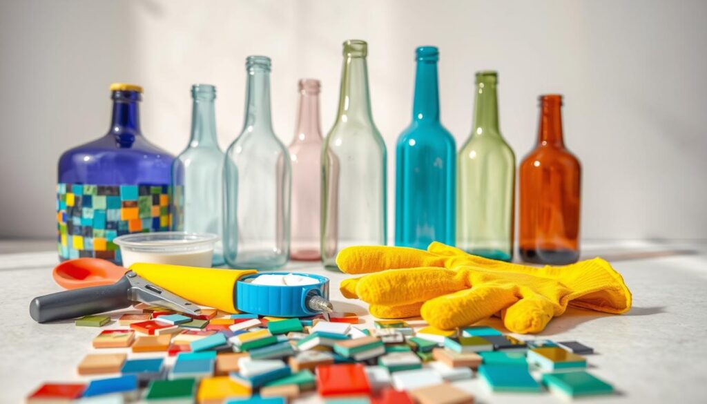 A well-lit close-up still life showcasing the materials and tools needed to create a DIY mosaic vase. In the foreground, an assortment of colorful mosaic tiles, grout, a mosaic glass cutter, and a pair of safety gloves. In the middle ground, a selection of recycled glass bottles in various shapes and sizes, clean and ready for transformation. The background features a soft, neutral-toned surface, allowing the vibrant hues of the materials to take center stage. The lighting is natural and diffused, creating gentle shadows and highlights that accentuate the textures and details of the objects. The overall mood is one of creative inspiration and DIY craftsmanship.