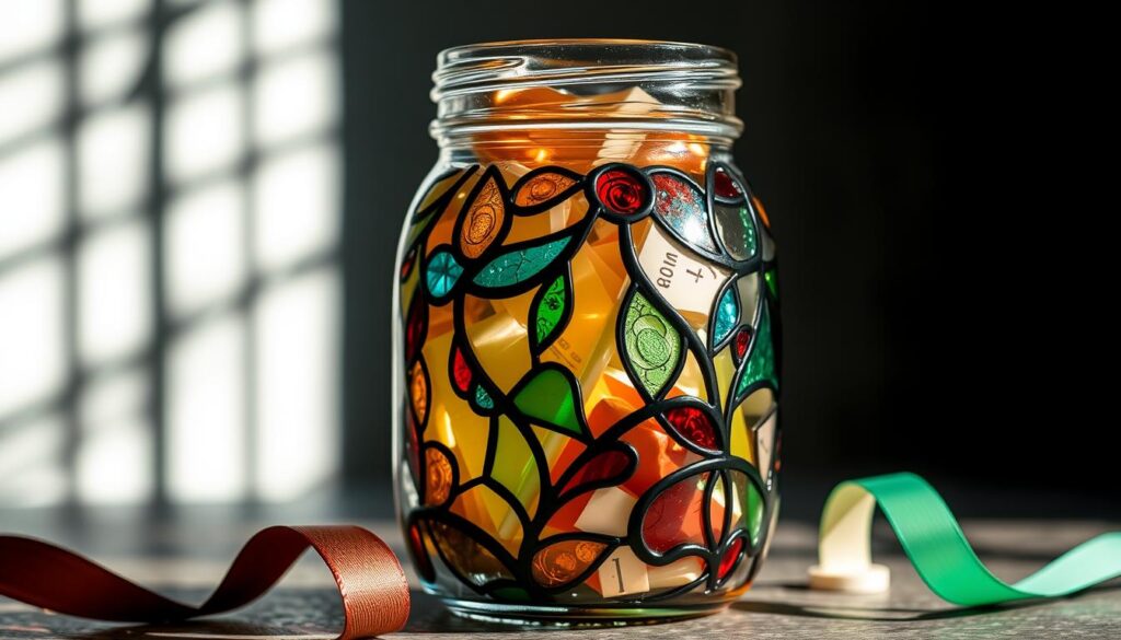 A well-lit, close-up view of a glass jar filled with stained glass packaging tips. The jar has a unique, intricate stained glass design on its surface, casting colorful patterns of light and shadow. The glass is translucent, allowing a glimpse of the various packaging supplies inside - ribbons, labels, and other decorative elements. The composition is balanced, with the jar positioned centrally, conveying a sense of order and care. The lighting is soft and diffused, highlighting the texture and depth of the stained glass design. The overall mood is one of craftsmanship, attention to detail, and a commitment to providing an exceptional customer experience. A well-lit, close-up view of a glass jar filled with stained glass packaging tips. The jar has a unique, intricate stained glass design on its surface, casting colorful patterns of light and shadow. The glass is translucent, allowing a glimpse of the various packaging supplies inside - ribbons, labels, and other decorative elements. The composition is balanced, with the jar positioned centrally, conveying a sense of order and care. The lighting is soft and diffused, highlighting the texture and depth of the stained glass design. The overall mood is one of craftsmanship, attention to detail, and a commitment to providing an exceptional customer experience.